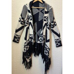Navy Blue Aztec Bohemian Boho Open Front Waterfall Cardigan Chunky Sweater S